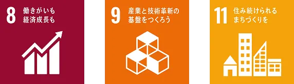 SDGs目標8：働きがいも経済成長も、SDGs目標9：産業と技術革新の基盤をつくろう、SDGs目標11：住み続けられるまちづくりを